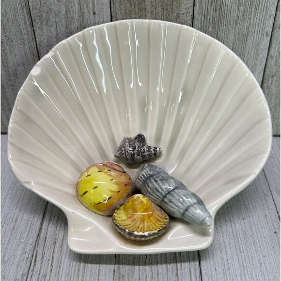 Vintage Fitz & Floyd Shell Trinket Soap Dish Ceramic White Beach Decor 5" DIA - Picture 1 of 13